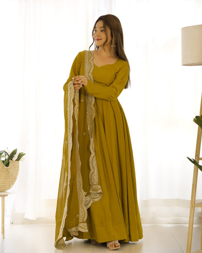 Musturd Yellow Premium Roman Anarkali Set Dupatta – Festive & Wedding