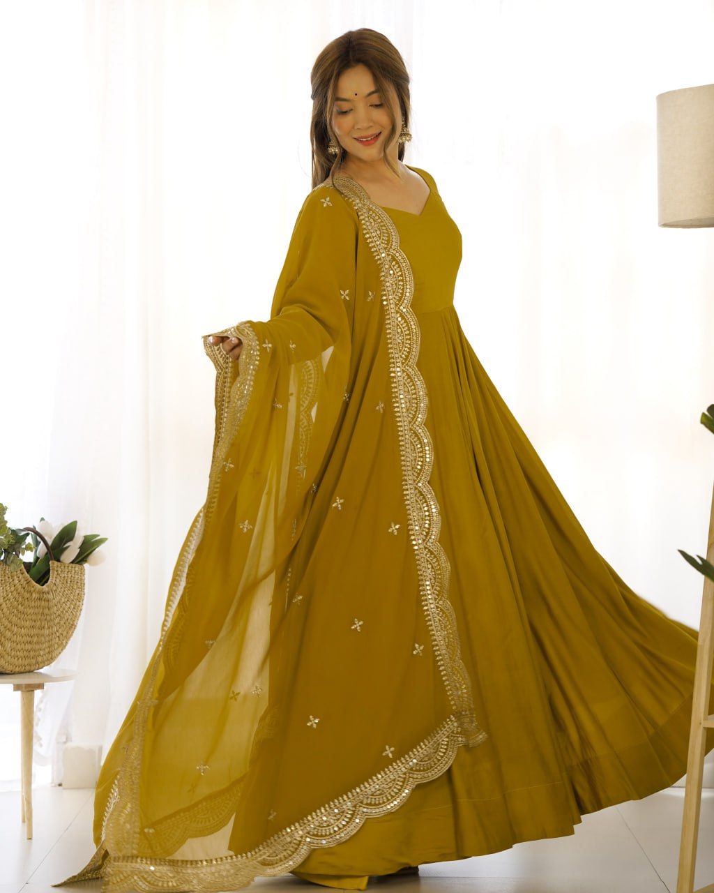Musturd Yellow Premium Roman Anarkali Set Dupatta – Festive & Wedding