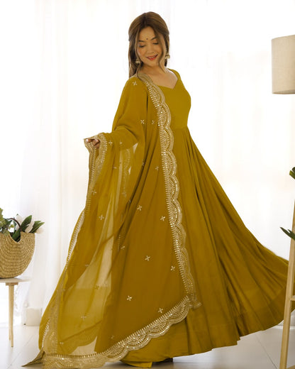 Musturd Yellow Premium Roman Anarkali Set Dupatta – Festive & Wedding