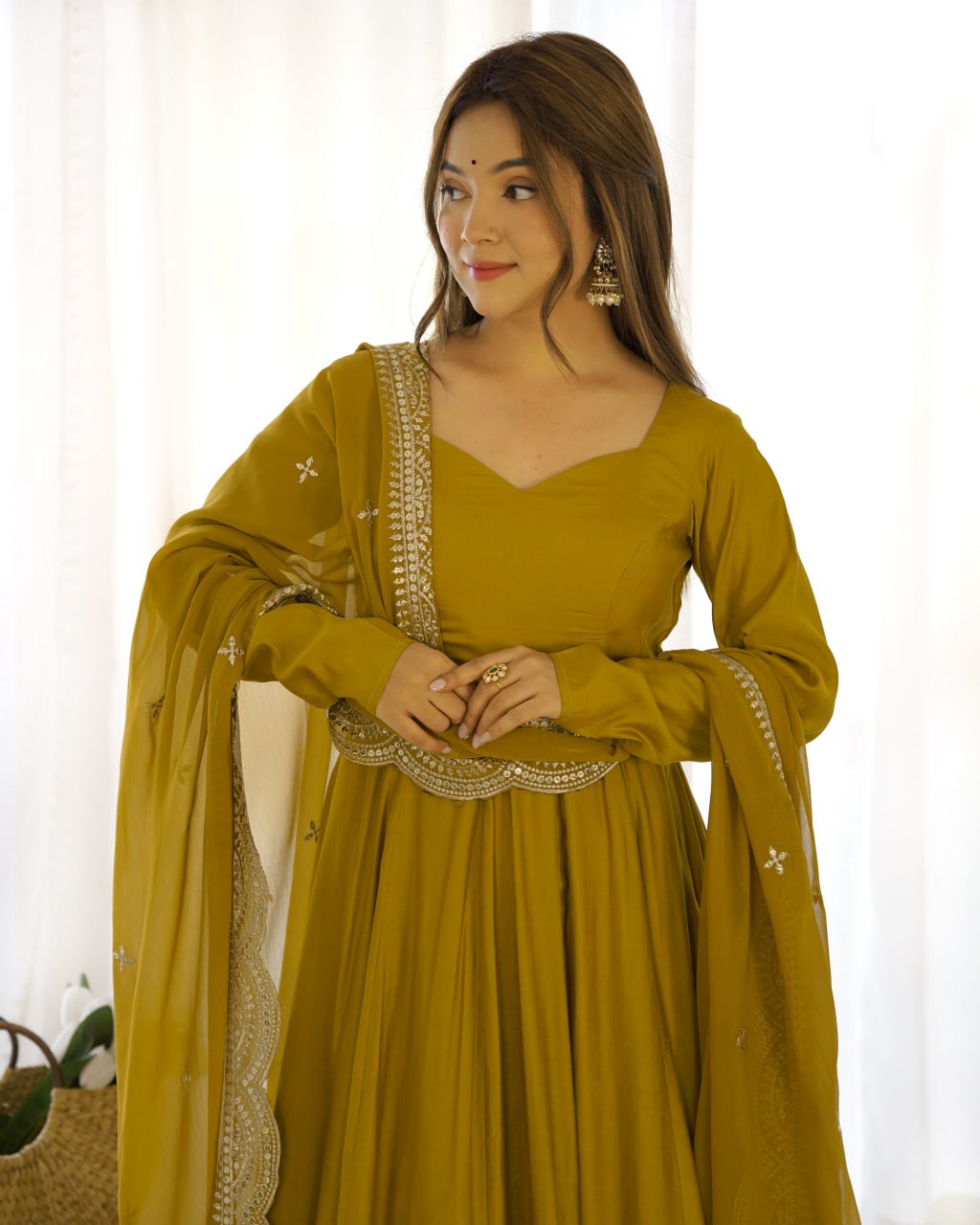 Musturd Yellow Premium Roman Anarkali Set Dupatta – Festive & Wedding