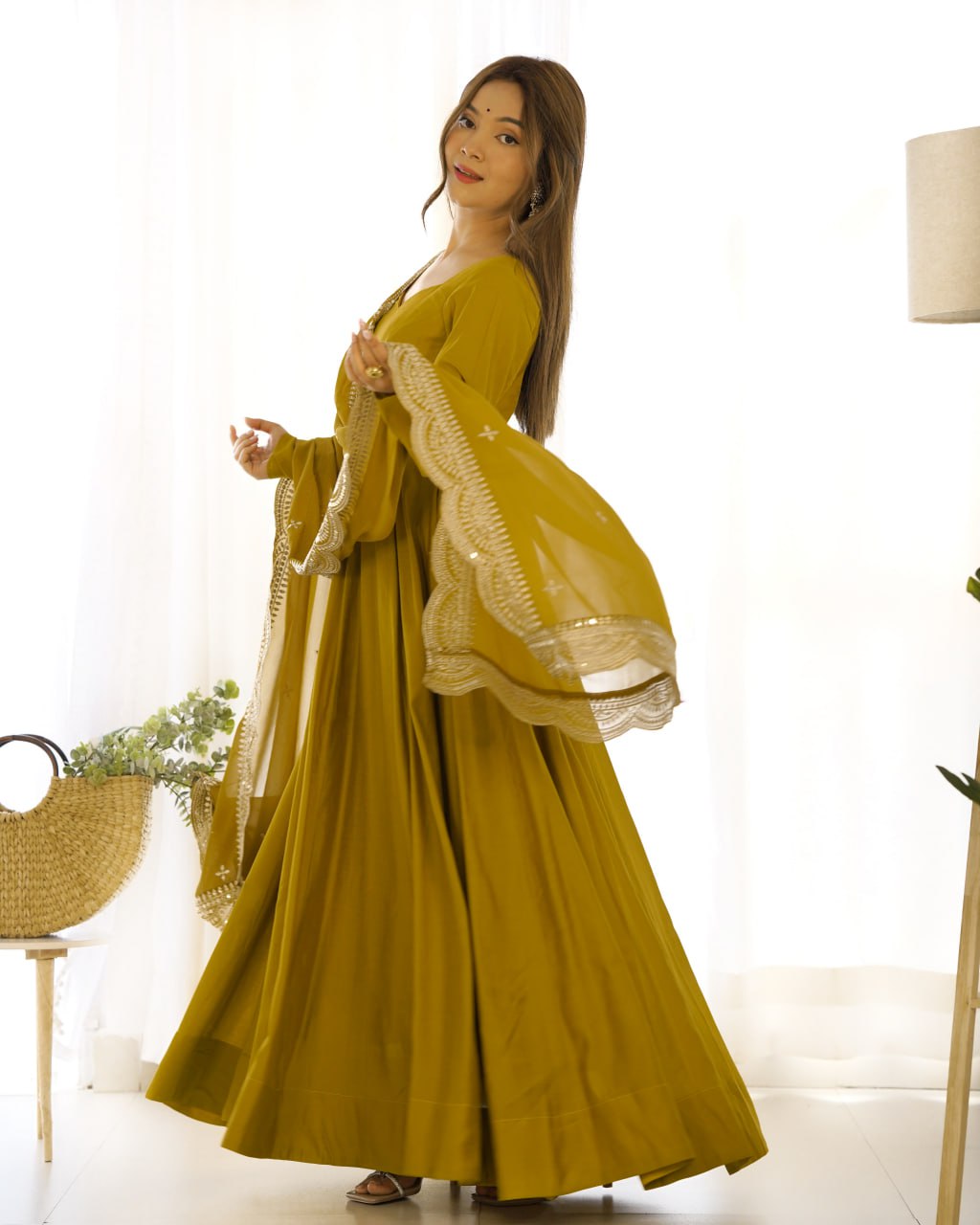 Musturd Yellow Premium Roman Anarkali Set Dupatta – Festive & Wedding