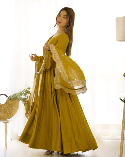 Musturd Yellow Premium Roman Anarkali Set Dupatta – Festive & Wedding