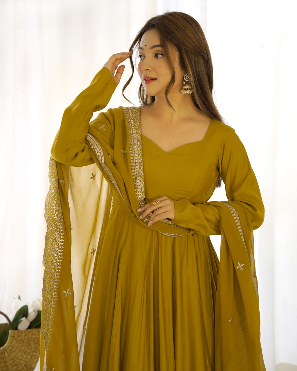 Musturd Yellow Premium Roman Anarkali Set Dupatta – Festive & Wedding