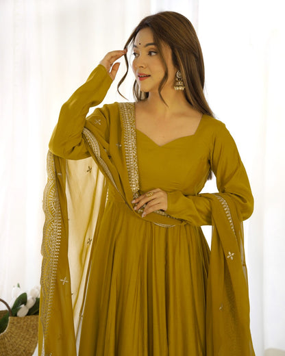 Musturd Yellow Premium Roman Anarkali Set Dupatta – Festive & Wedding