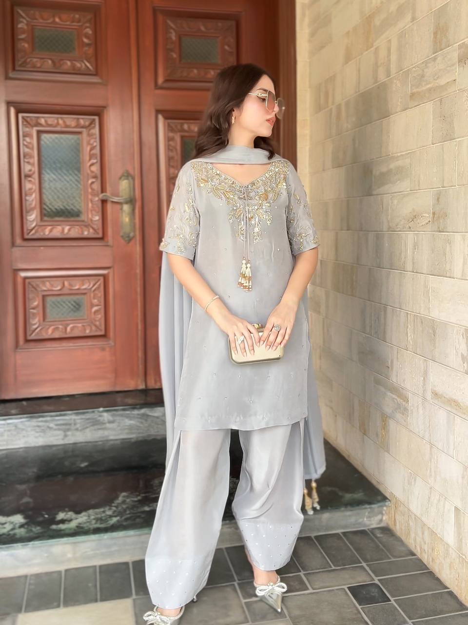 Natural Crepe Farshi Palazzo Suit with Hand Bead Work & Embroidery – Ready to Wear Designer Party Outfit 