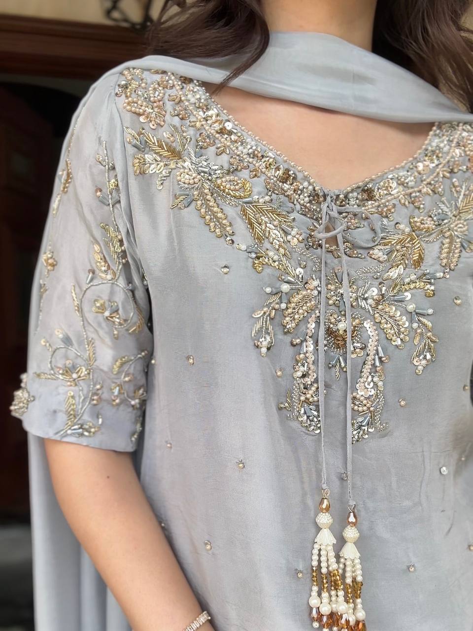 Natural Crepe Farshi Palazzo Suit with Hand Bead Work & Embroidery – Ready to Wear Designer Party Outfit