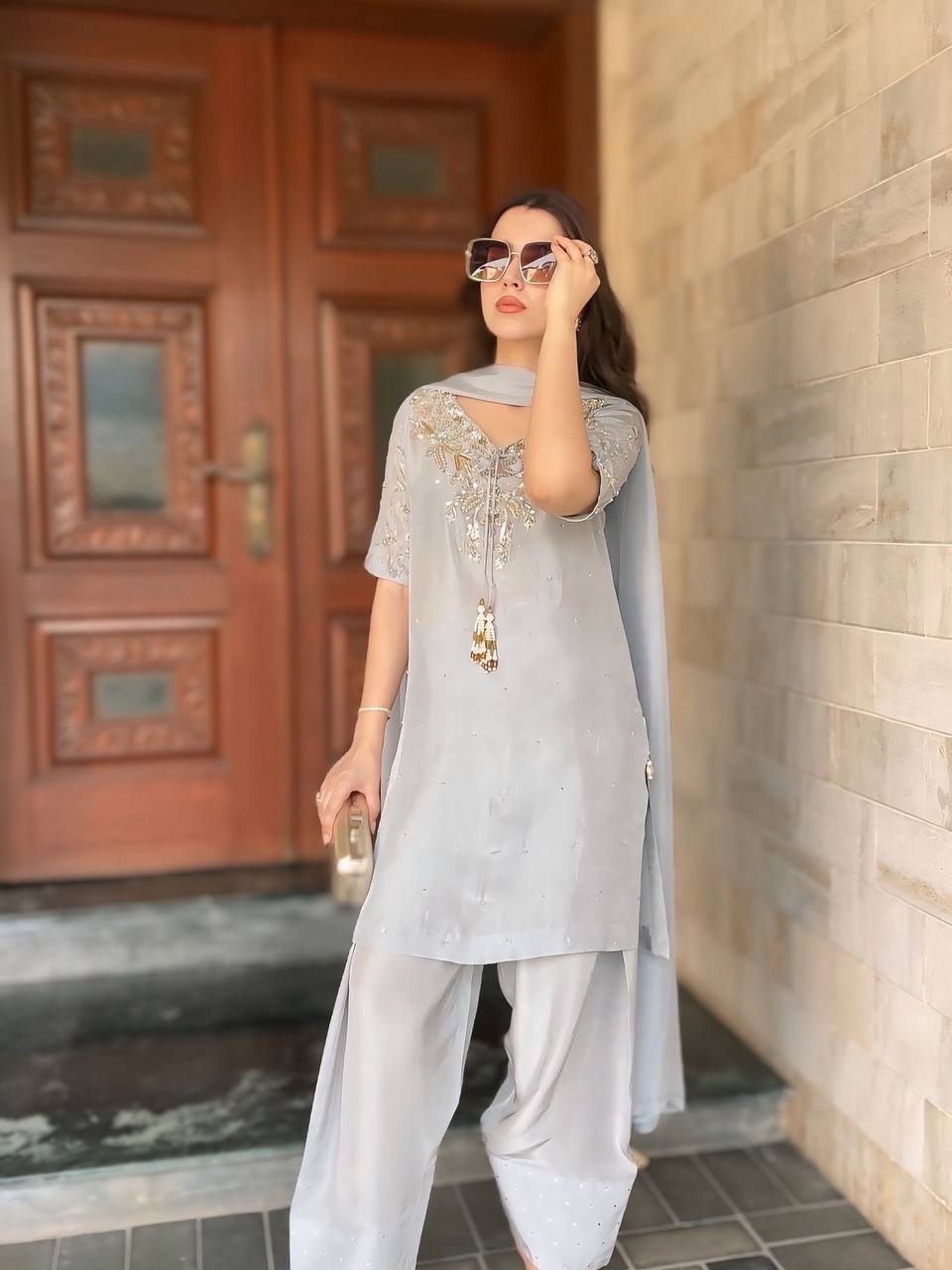 Natural Crepe Farshi Palazzo Suit with Hand Bead Work & Embroidery – Ready to Wear Designer Party Outfit
