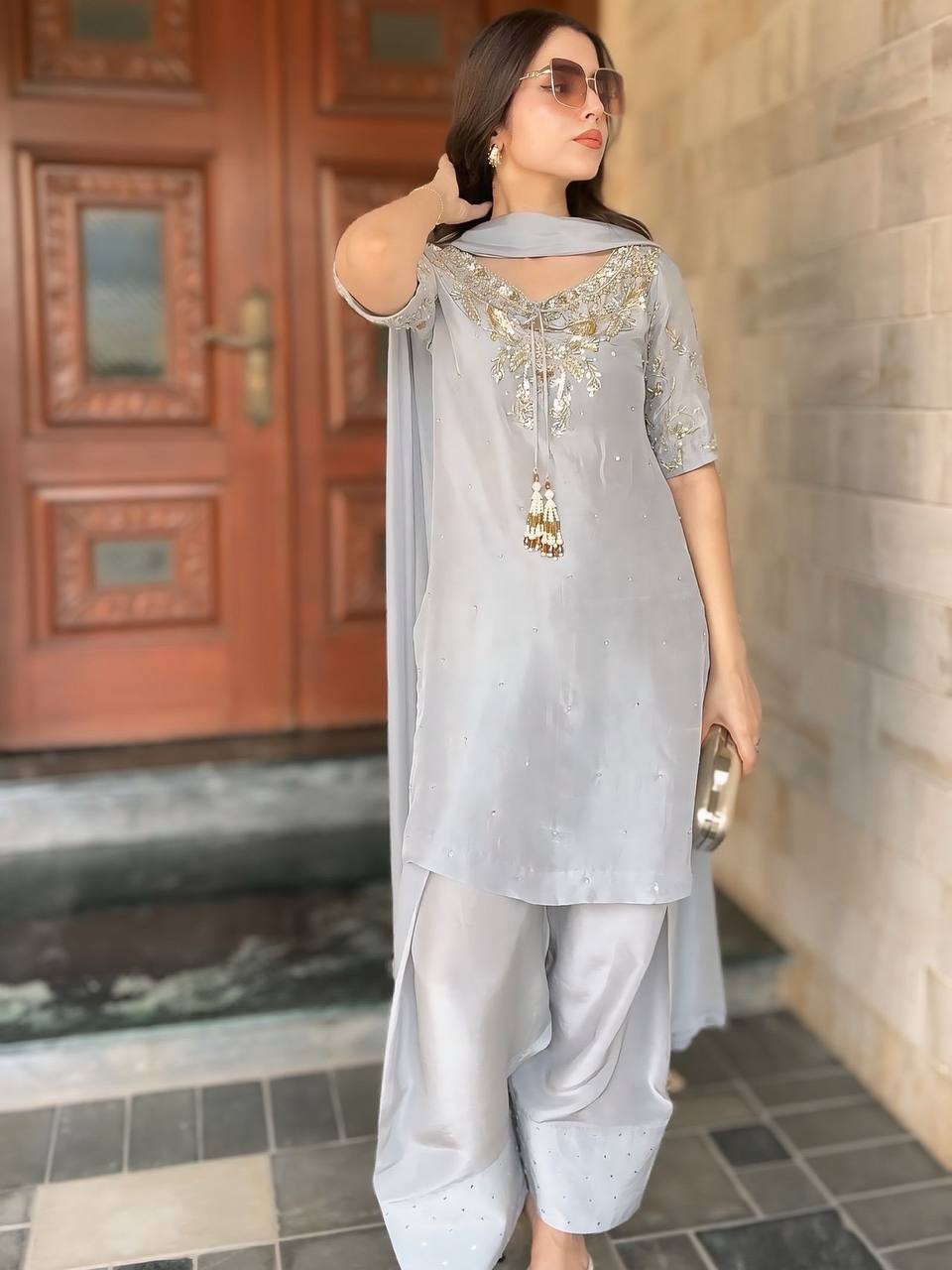 Natural Crepe Farshi Palazzo Suit with Hand Bead Work & Embroidery – Ready to Wear Designer Party Outfit