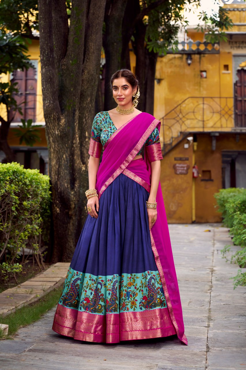  Navy Blue Aastha Silk Printed Lehenga Choli Set with Magenta Dupatta