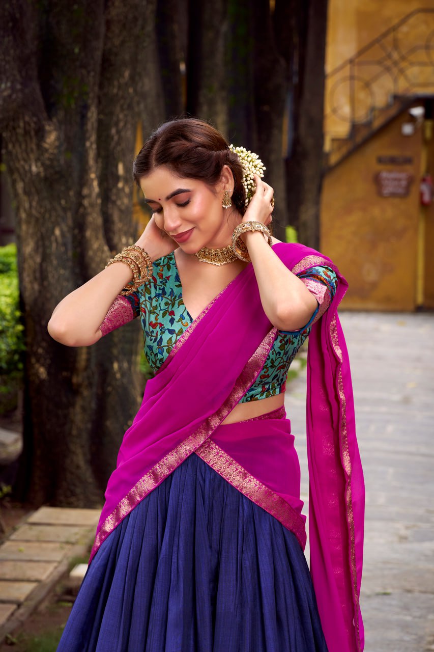  Navy Blue Aastha Silk Printed Lehenga Choli Set with Magenta Dupatta