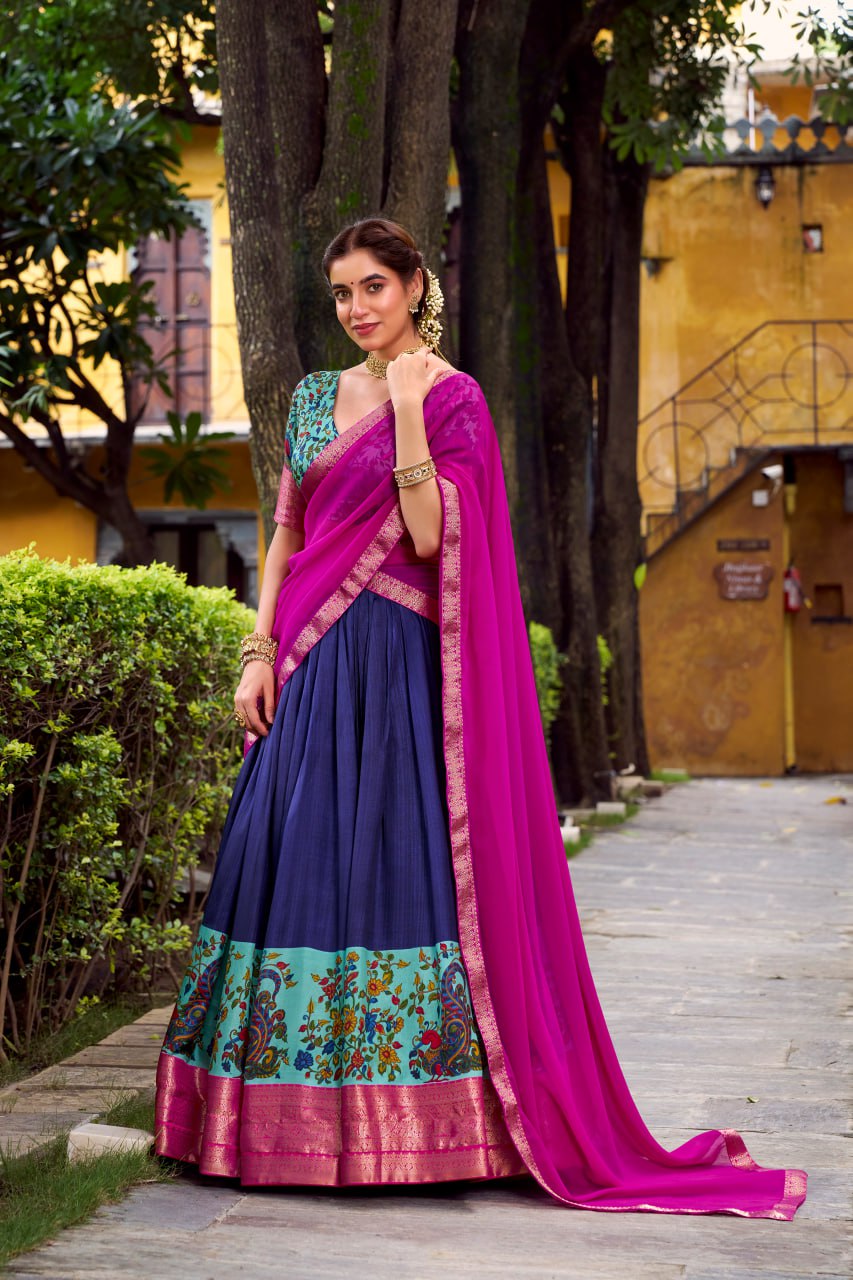  Navy Blue Aastha Silk Printed Lehenga Choli Set with Magenta Dupatta