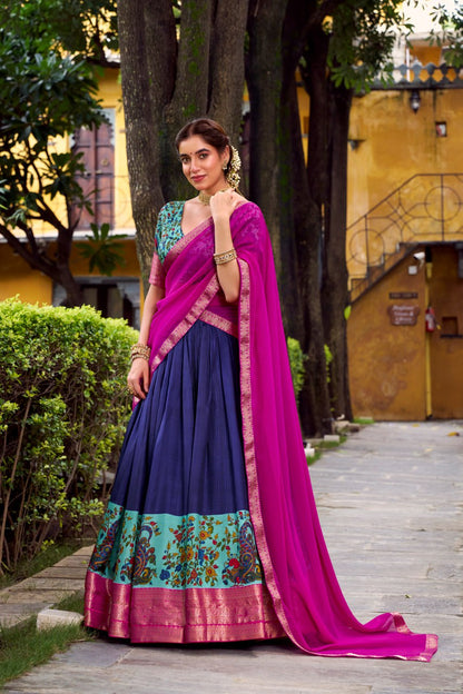  Navy Blue Aastha Silk Printed Lehenga Choli Set with Magenta Dupatta