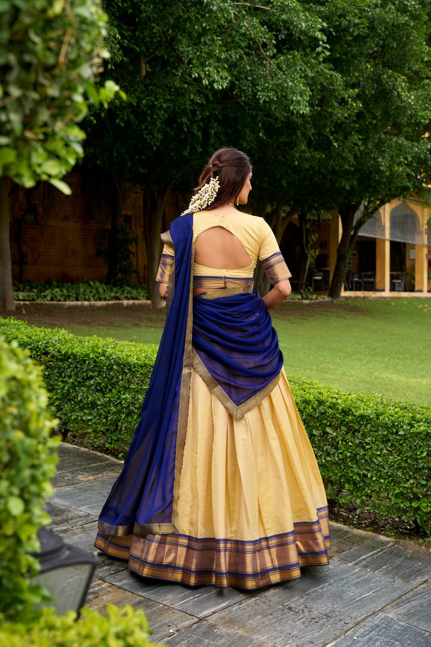 Navy Blue Kanchipuram Zari Weaving Half Saree Lehenga Choli with Dupatta