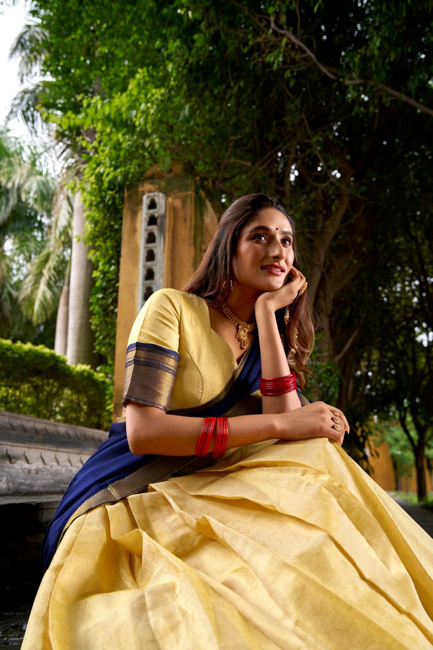 Navy Blue Kanchipuram Zari Weaving Half Saree Lehenga Choli with Dupatta