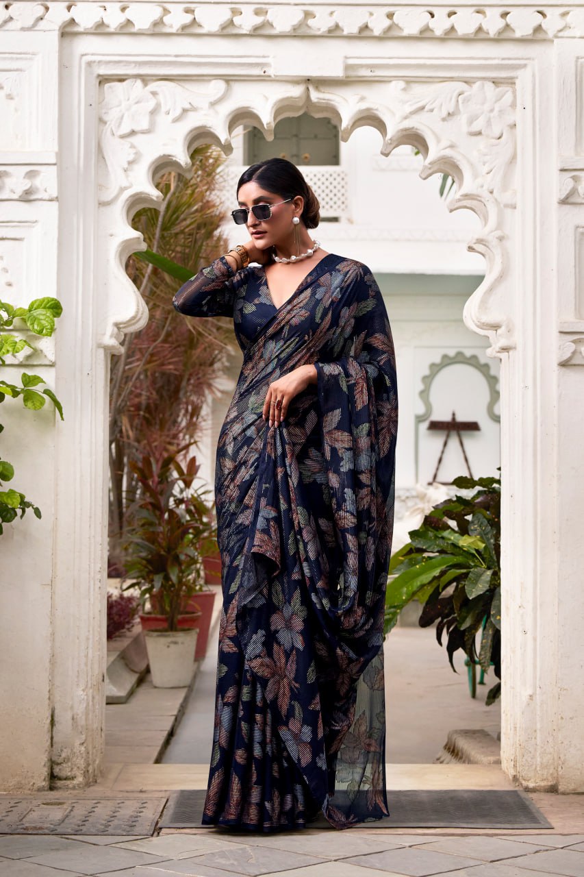 Navy Blue Lurex Brasso Floral Viscose Saree with Matching Blouse