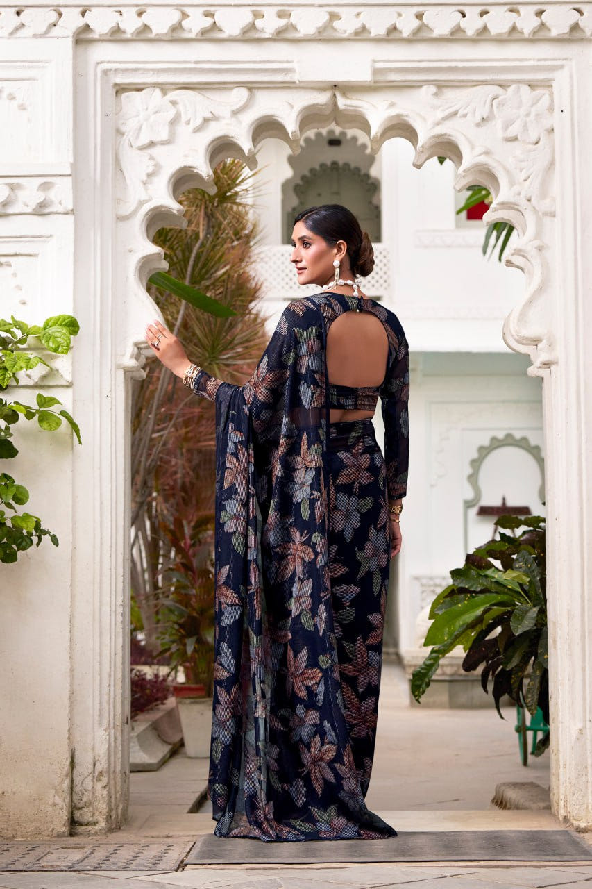 Navy Blue Lurex Brasso Floral Viscose Saree with Matching Blouse