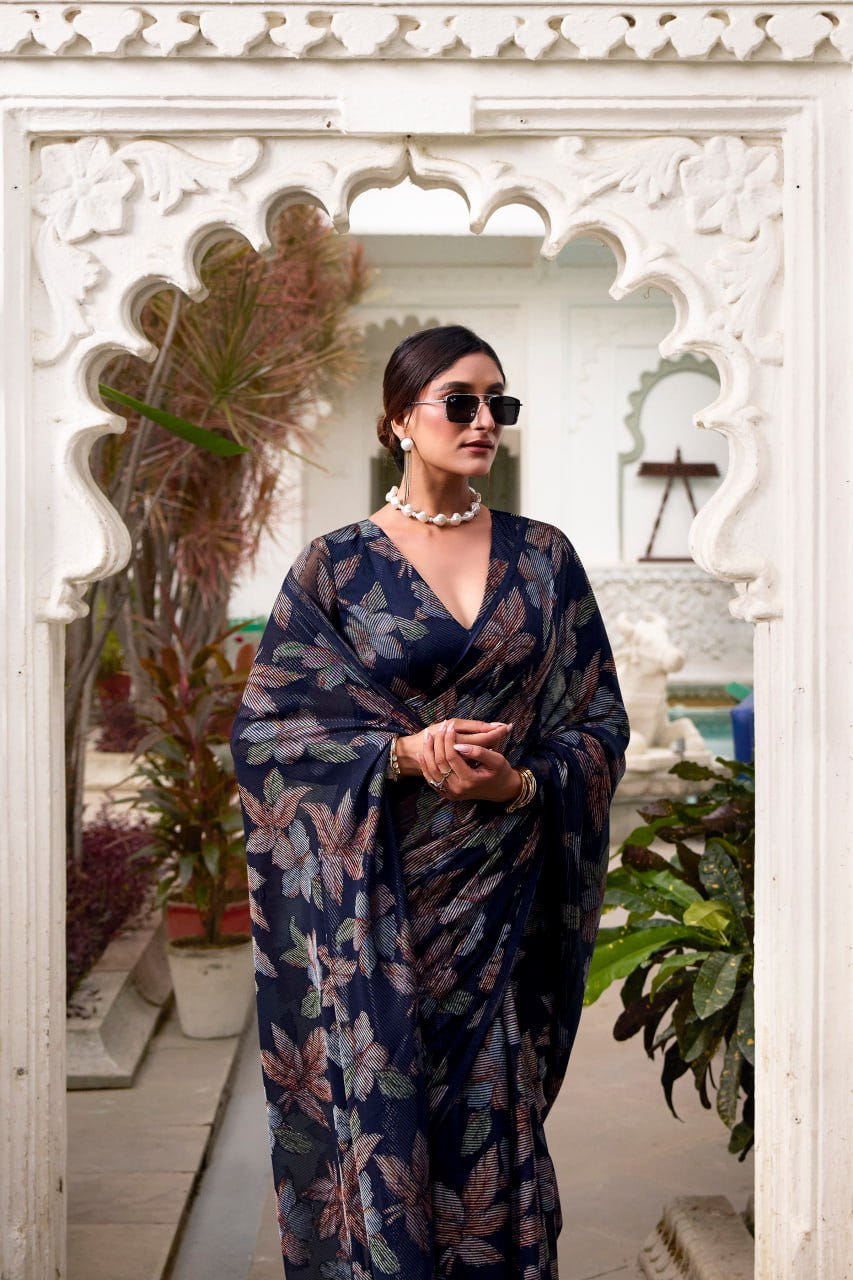 Navy Blue Lurex Brasso Floral Viscose Saree with Matching Blouse