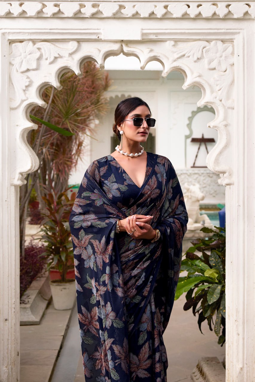 Navy Blue Lurex Brasso Floral Viscose Saree with Matching Blouse