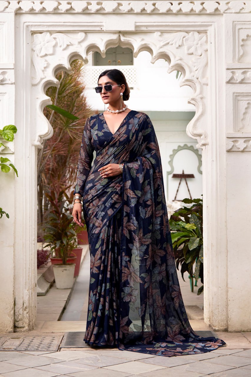 Navy Blue Lurex Brasso Floral Viscose Saree with Matching Blouse