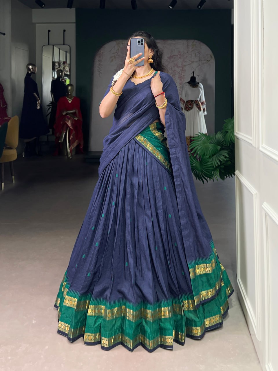 Navy Blue Pure Chanderi Zari Weaving Saree Lehenga Choli Set with Dupatta