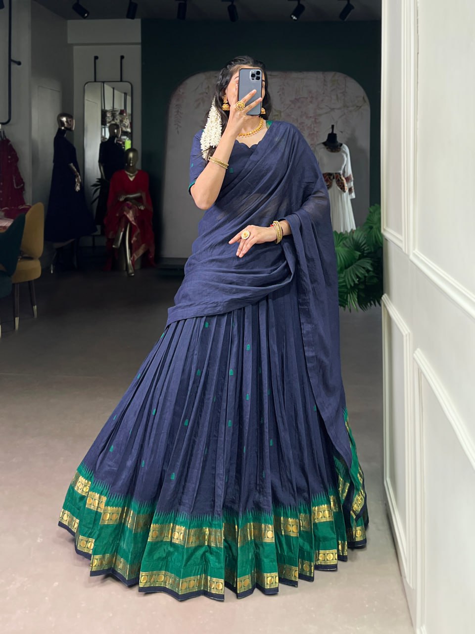 Navy Blue Pure Chanderi Zari Weaving Saree Lehenga Choli Set with Dupatta
