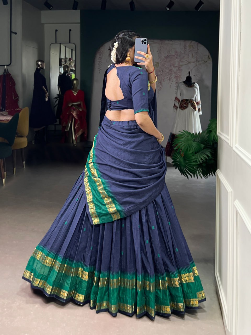 Navy Blue Pure Chanderi Zari Weaving Saree Lehenga Choli Set with Dupatta