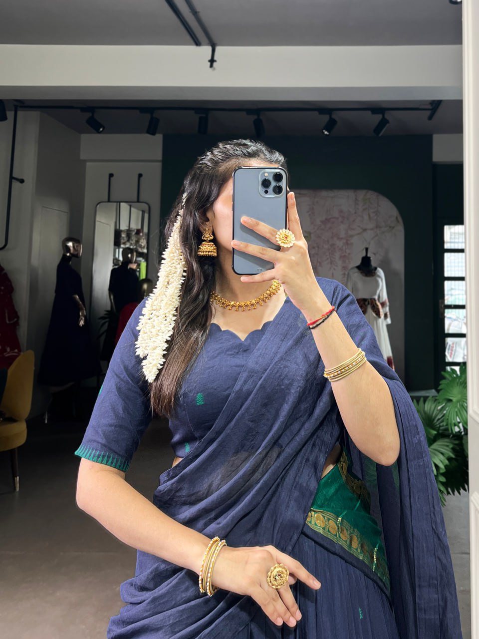 Navy Blue Pure Chanderi Zari Weaving Saree Lehenga Choli Set with Dupatta