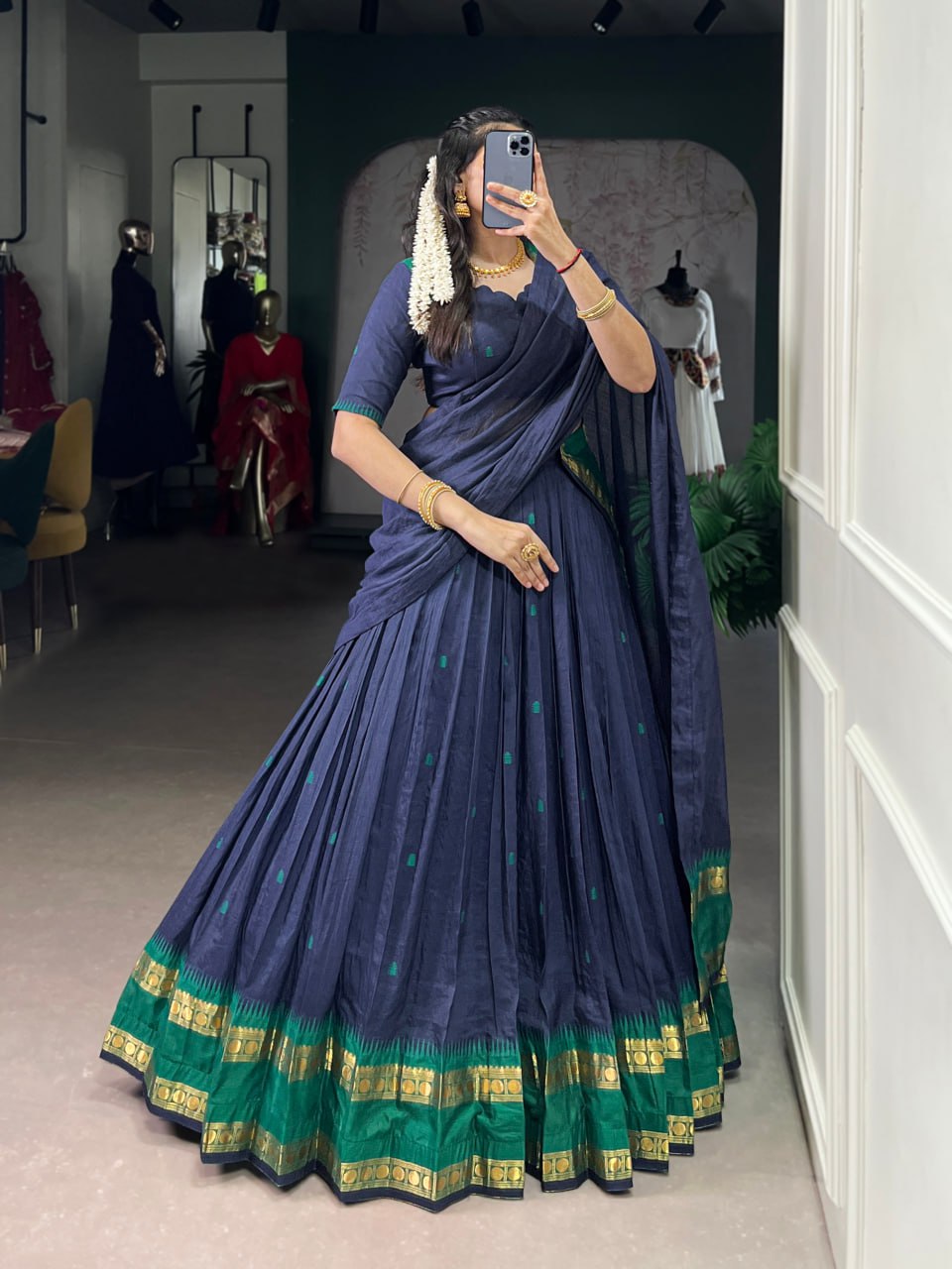 Navy Blue Pure Chanderi Zari Weaving Saree Lehenga Choli Set with Dupatta