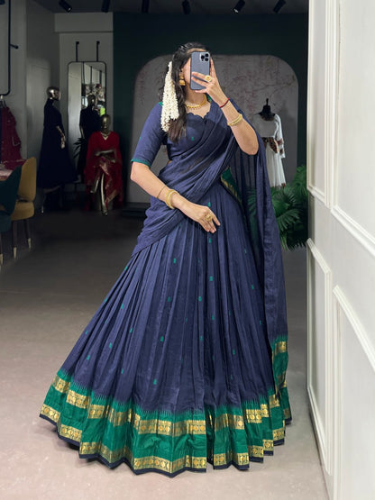 Navy Blue Pure Chanderi Zari Weaving Saree Lehenga Choli Set with Dupatta