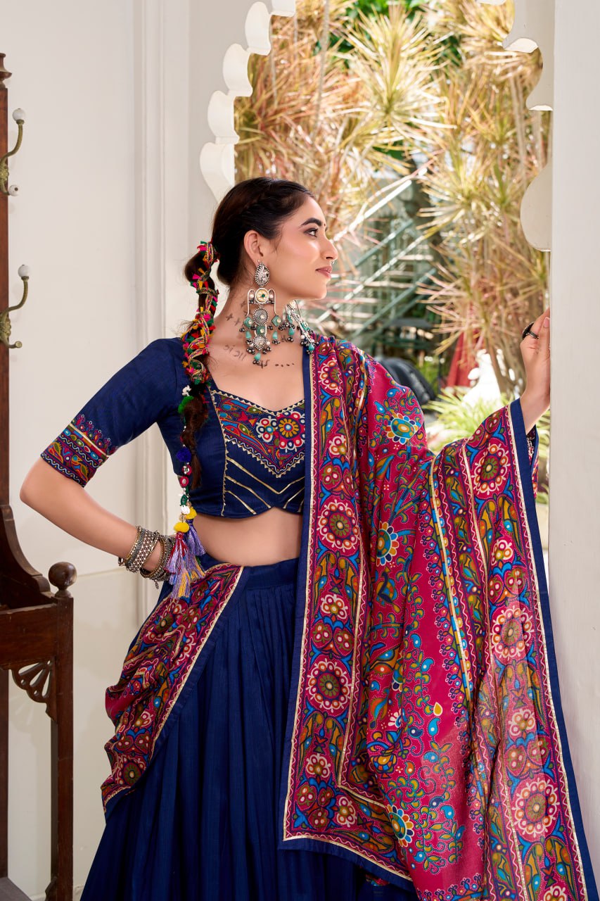 Navy Blue Tassar Silk Lehenga Choli with Gamthi Print Dupatta for Navratri - 2