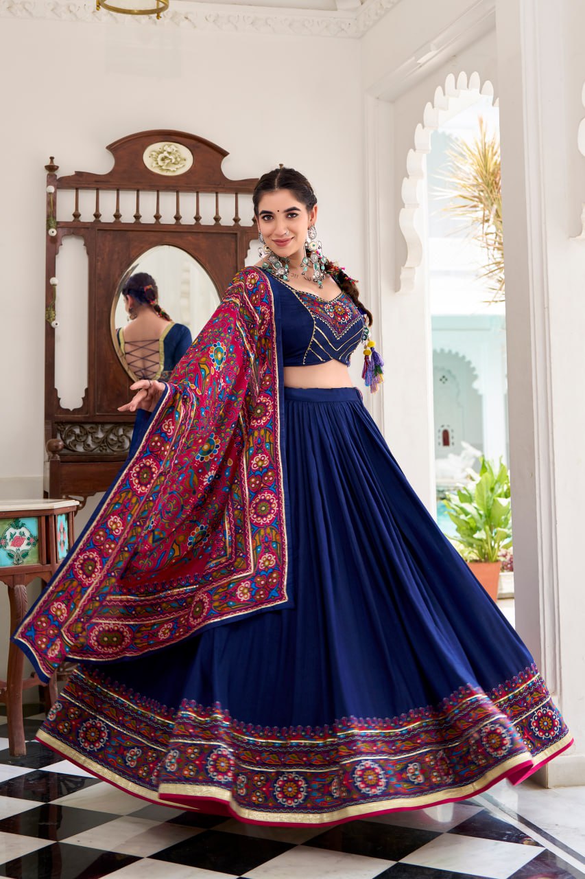 Navy Blue Tassar Silk Lehenga Choli with Gamthi Print Dupatta for Navratri - 3