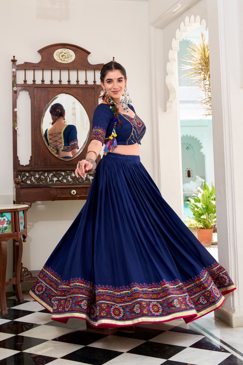 Navy Blue Tassar Silk Lehenga Choli with Gamthi Print Dupatta for Navratri - 4