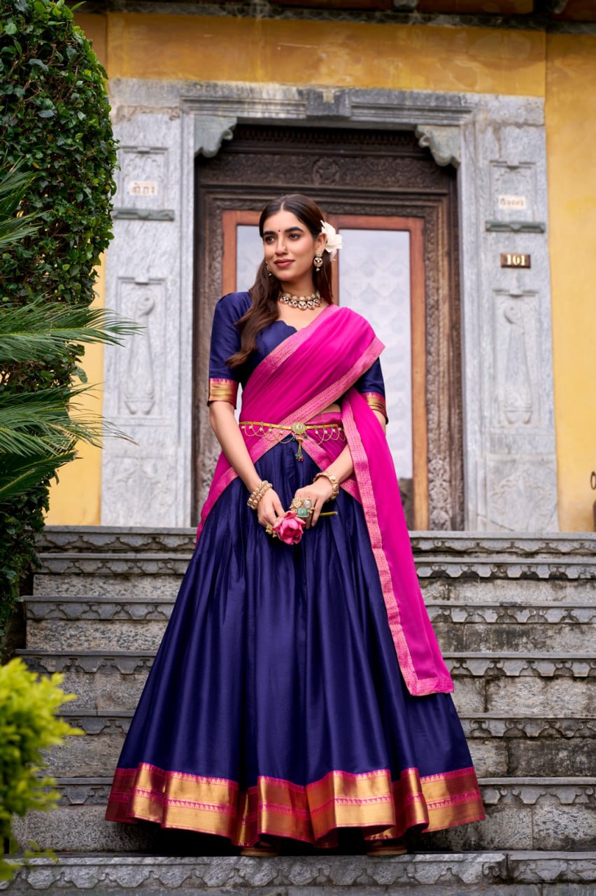 Navy Bule Poly Cotton Zari Weaving Lehenga Choli Set with Pink Dupatta