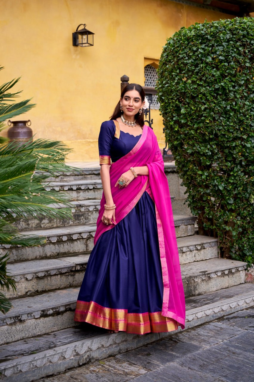Navy Bule Poly Cotton Zari Weaving Lehenga Choli Set with Pink Dupatta