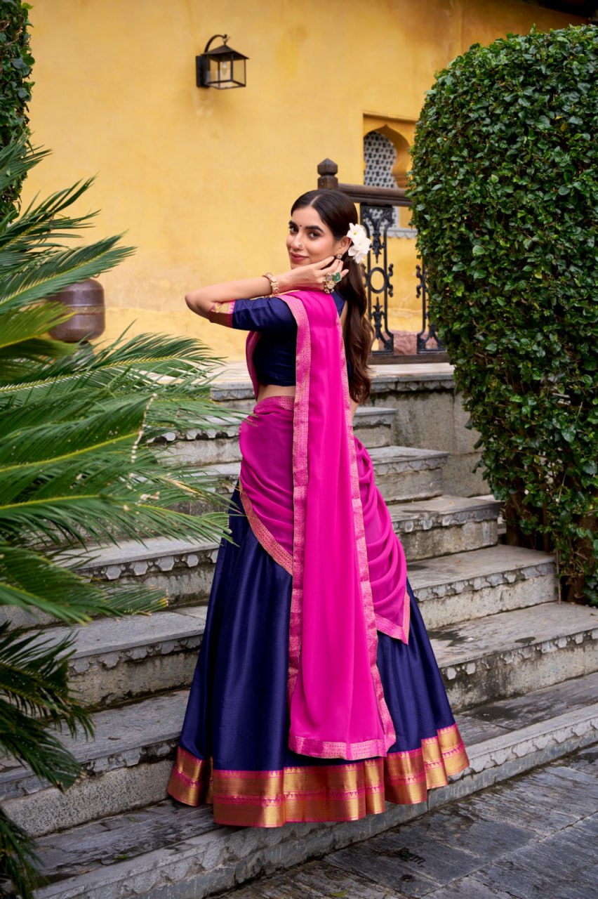 Navy Bule Poly Cotton Zari Weaving Lehenga Choli Set with Pink Dupatta