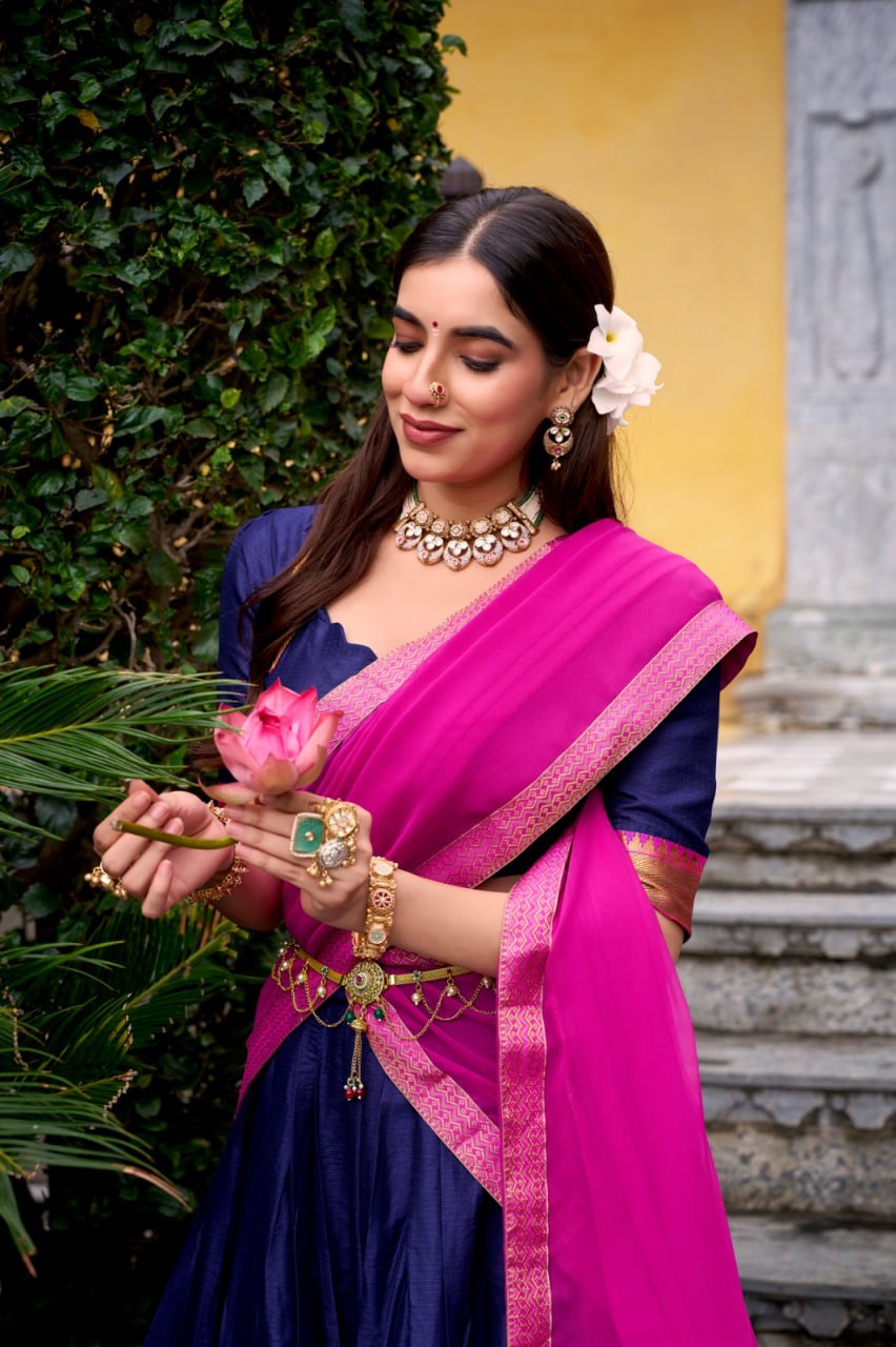 Navy Bule Poly Cotton Zari Weaving Lehenga Choli Set with Pink Dupatta