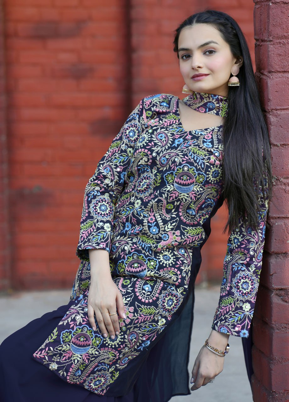 Navy Bule Tapeta Silk Embroidered Sharara Suit with Sequins & Real Mirror Work
