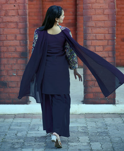 Navy Bule Tapeta Silk Embroidered Sharara Suit with Sequins & Real Mirror Work