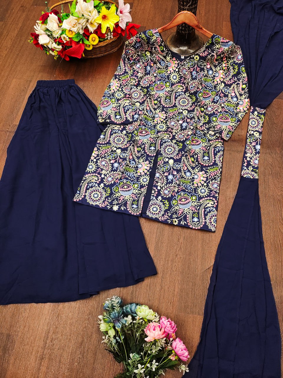 Navy Bule Tapeta Silk Embroidered Sharara Suit with Sequins & Real Mirror Work