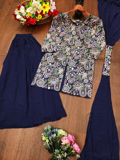 Navy Bule Tapeta Silk Embroidered Sharara Suit with Sequins & Real Mirror Work