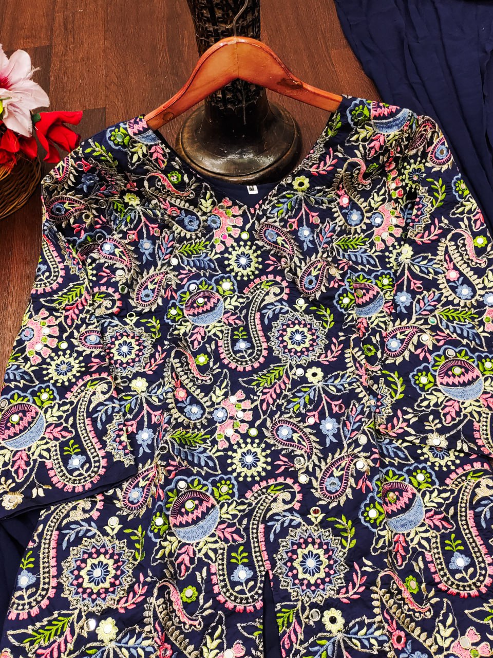 Navy Bule Tapeta Silk Embroidered Sharara Suit with Sequins & Real Mirror Work