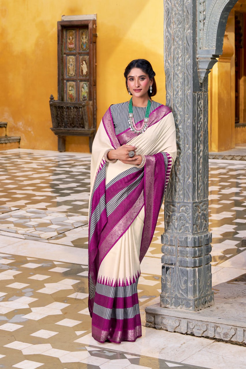 Off White Poly Cotton Printed Zari Saree with A Purple Shade Border