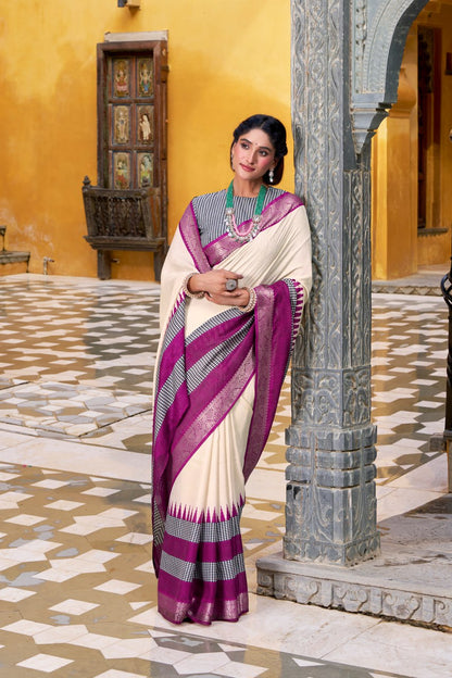 Off White Poly Cotton Printed Zari Saree with A Purple Shade Border