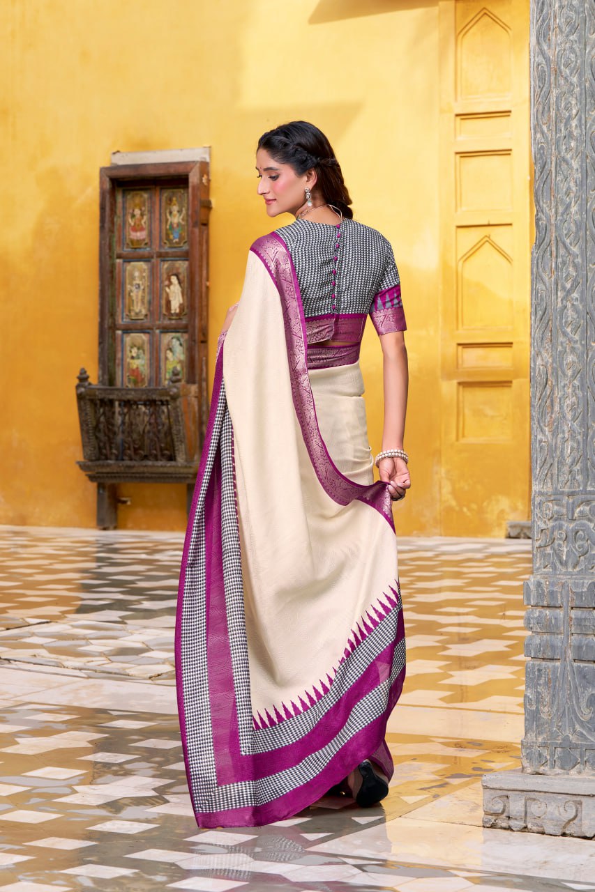 Off White Poly Cotton Printed Zari Saree with A Purple Shade Border