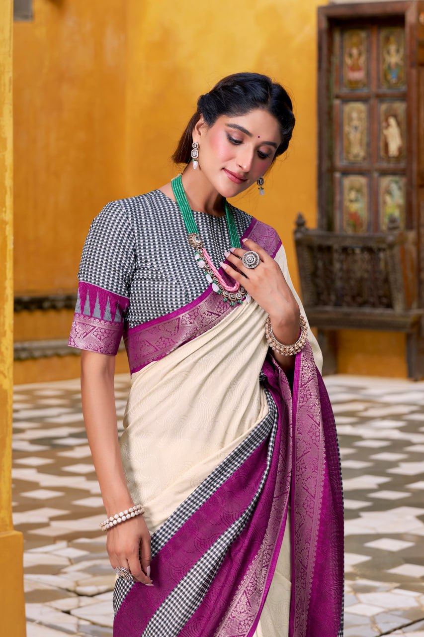 Off White Poly Cotton Printed Zari Saree with A Purple Shade Border
