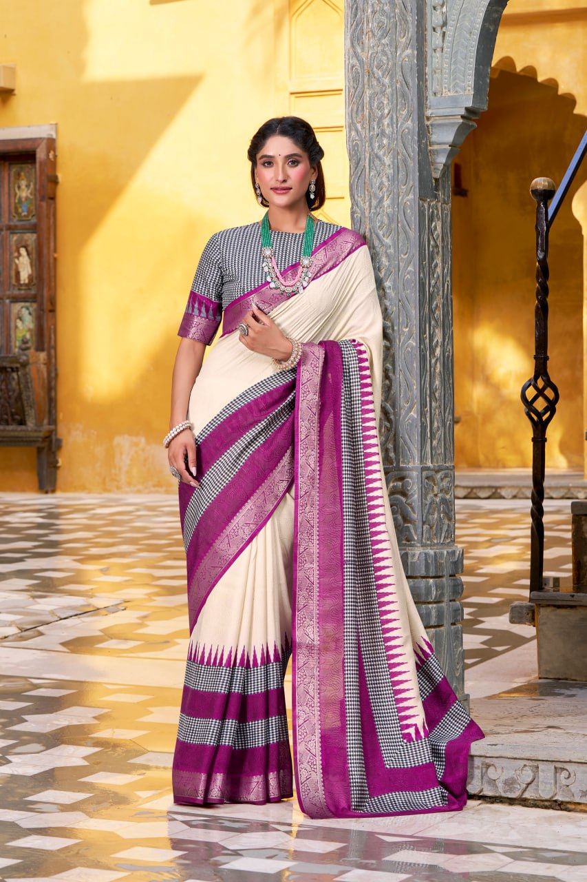 Off White Poly Cotton Printed Zari Saree with A Purple Shade Border