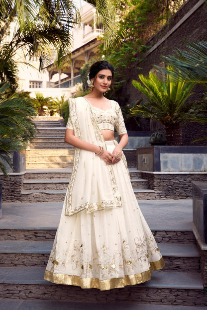 Off-White Premium Glossy Lehenga with Embroidery & Foil Work Dupatta