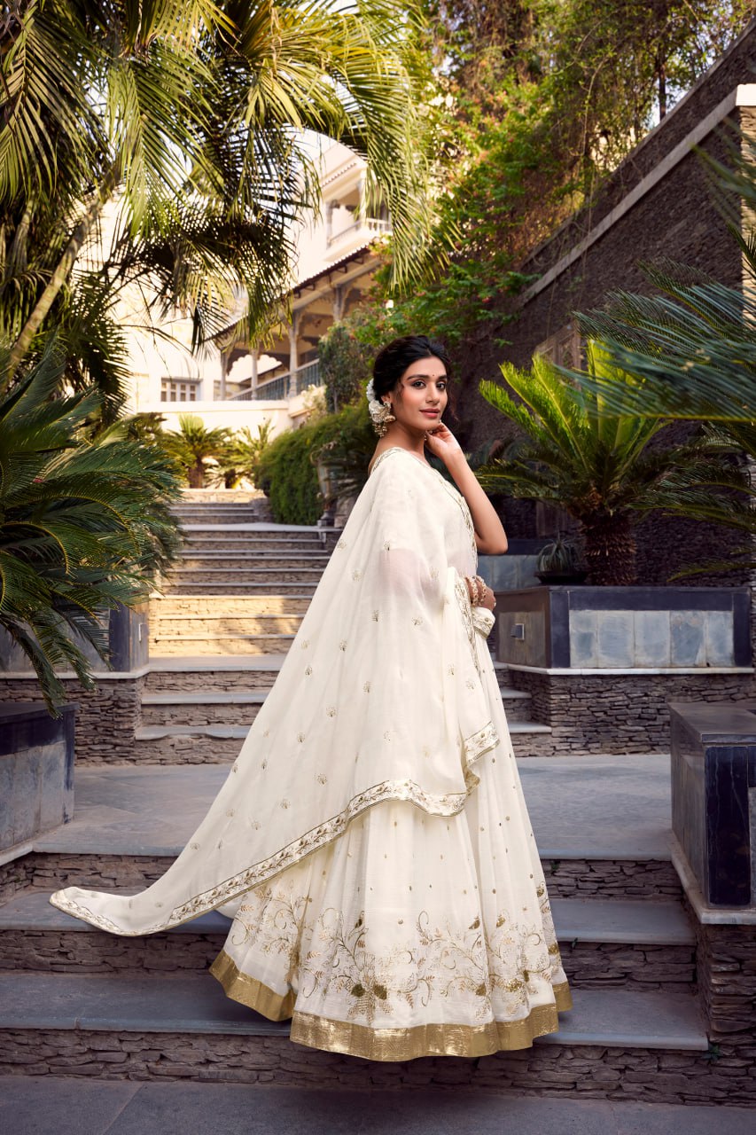 Off-White Premium Glossy Lehenga with Embroidery & Foil Work Dupatta