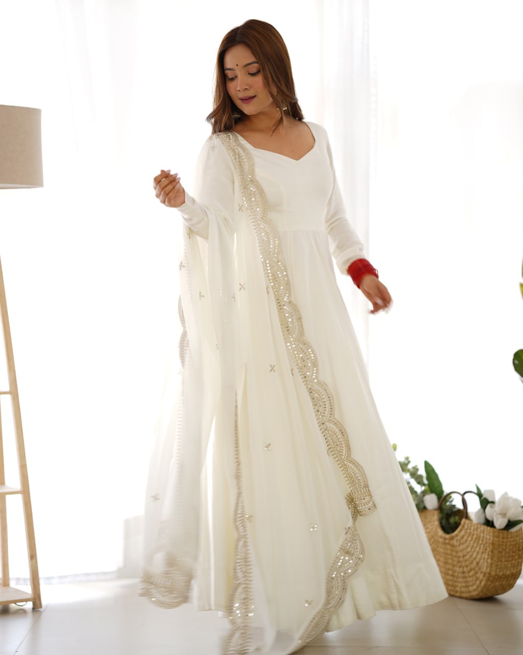 OFF White Premium Roman Anarkali Set with Dupatta – Festive & Wedding