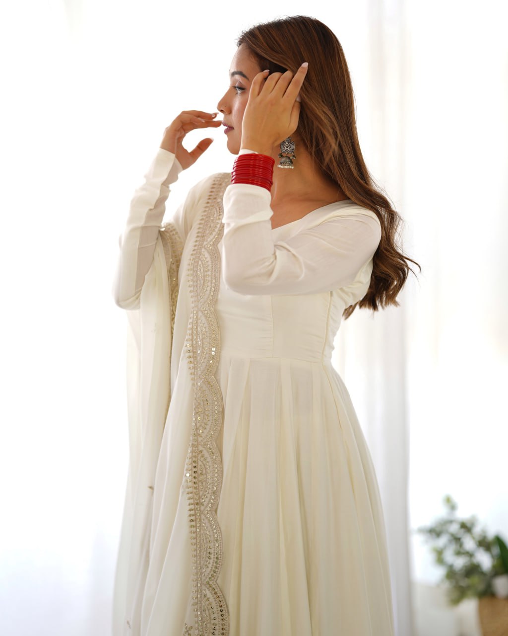 OFF White Premium Roman Anarkali Set with Dupatta – Festive & Wedding